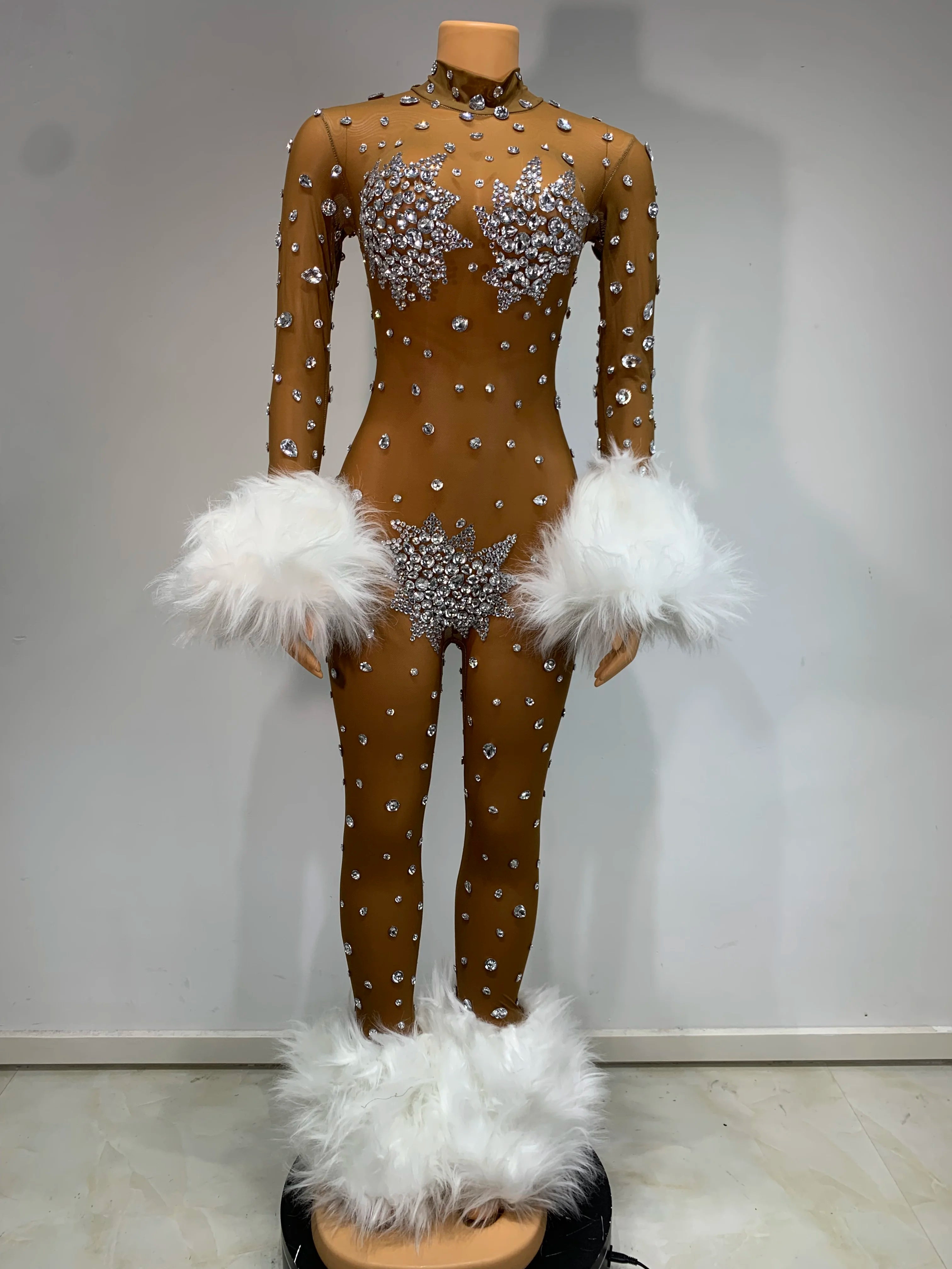 Luxury Rhinestone Feather Stretch Jumpsuit Nightclub Performance Dancer Stage Costume Sexy Mesh Long Sleeve Women's Outfit