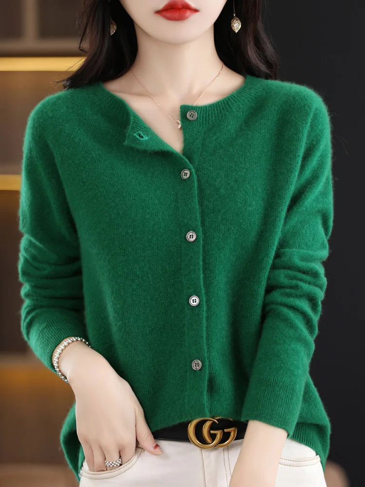 Chic Women's O-Neck Merino Wool Cardigan