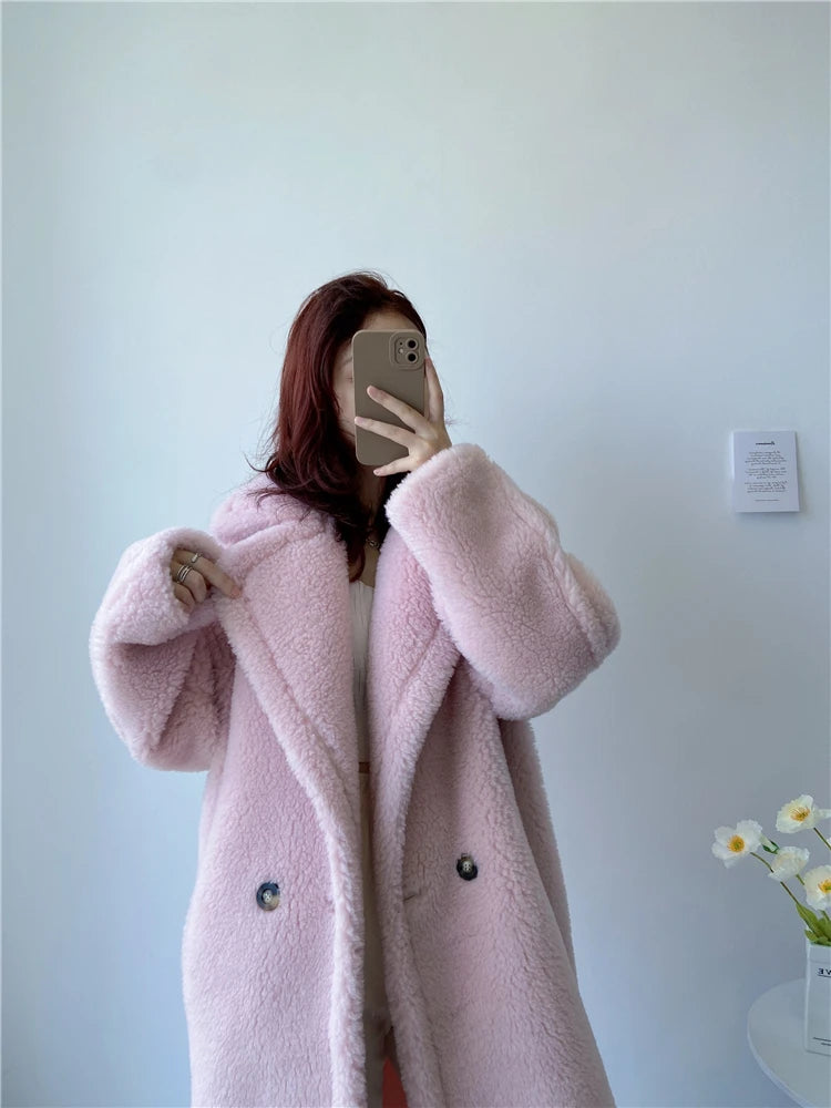 Winter Jacket Women Long Coat  Wool Woven Fabric Thick Warm