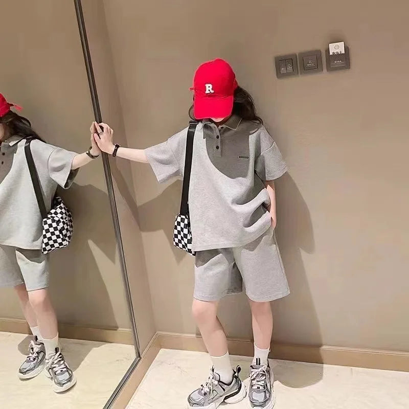 Girls Polo Collar Top & Sports Shorts Set