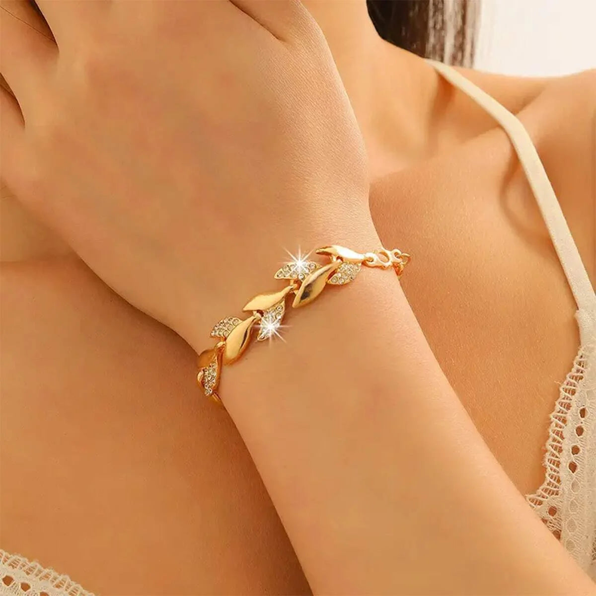 Gold Twisted Leaf Crystal Bracelet