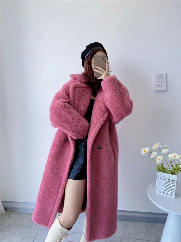 Winter Jacket Women Long Coat  Wool Woven Fabric Thick Warm