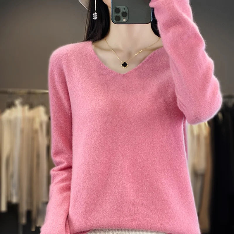 100% Merino Wool V-Neck Sweater for Women