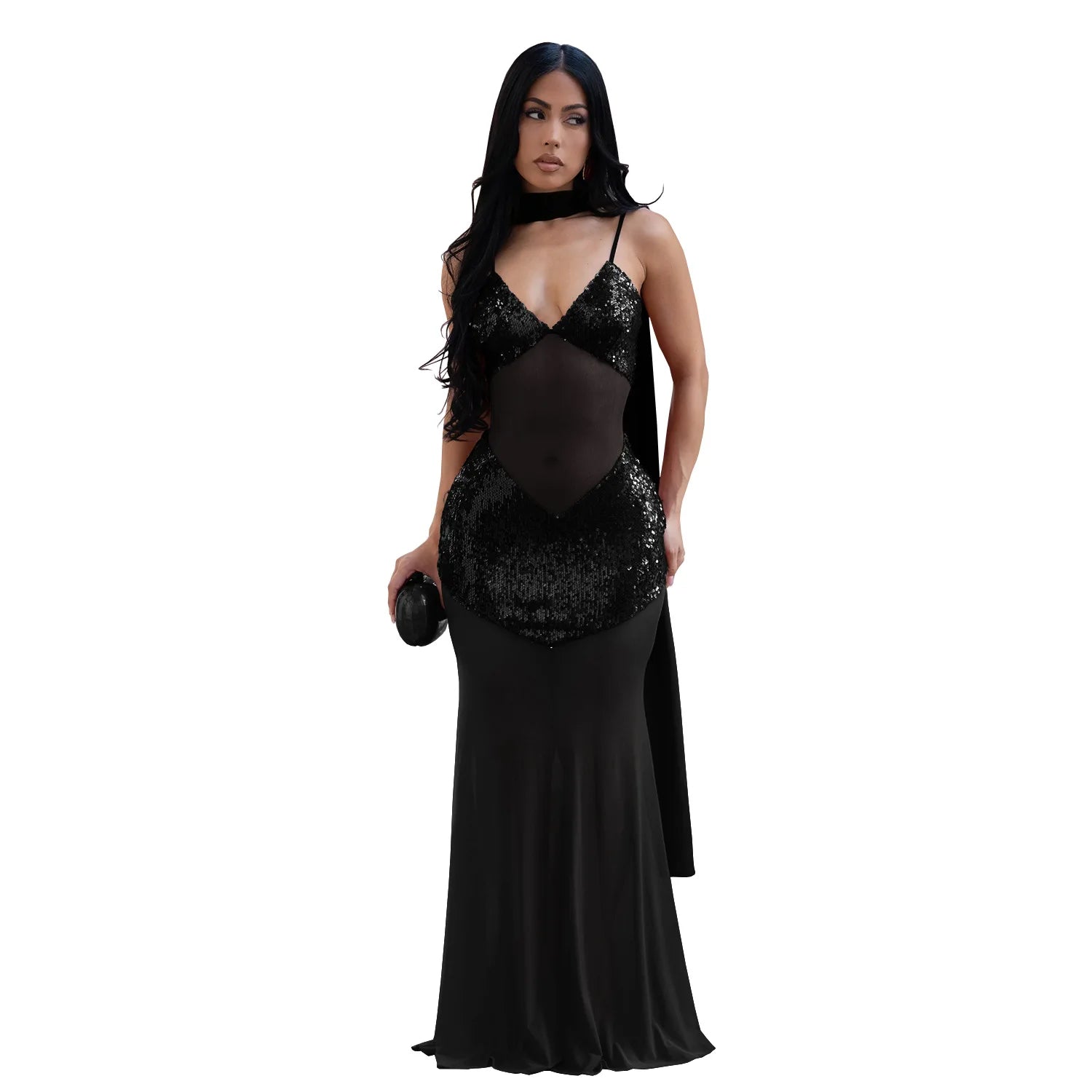 CM.YAYA Women Sleeveless Strap V-neck Mesh Sequin Long Maxi Dress