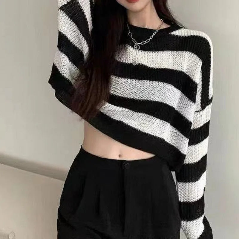 Korean Style Striped Cropped Sweater for Women