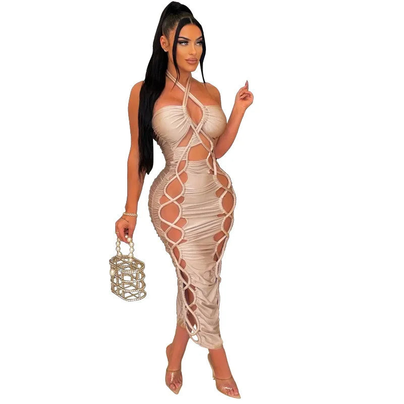 Green Hollow Out Halter Bodycon Dress Women Sleeveless Ruched Midi Sexy Outfits Party Club Bandage Y2K Dress Summer Fashion