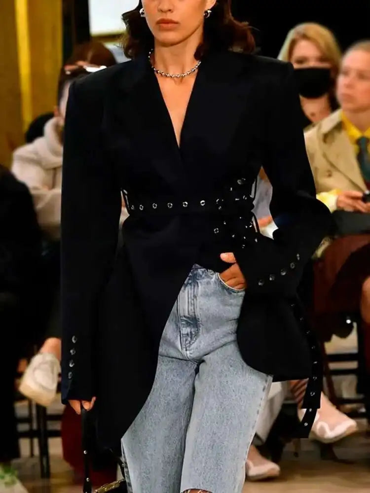 Solid Temperament Jacket Spliced Belt Blazer Women Notched Collar Long Sleeve Outerwear Patchwork Button Elegant Blazers Female