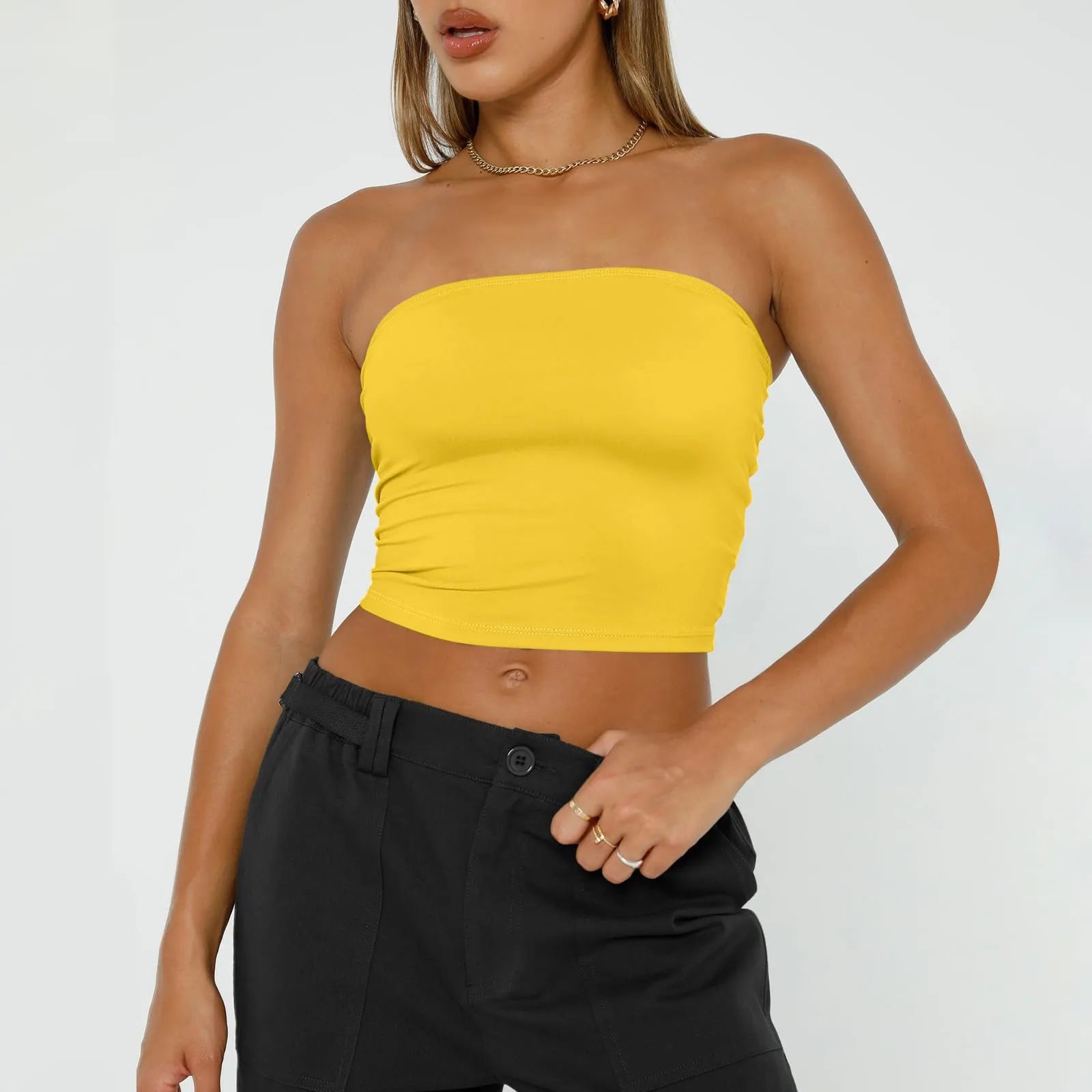 Womens Strapless Crop Tops Basic Backless Sleeveless Bandeau Cute Sexy Tops Trend Street Fashion Classic Solid Tube Tops