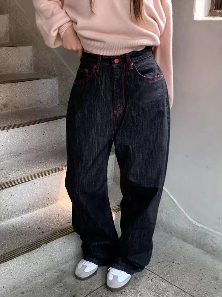 High Waist Wide Leg Red Stitching Jeans
