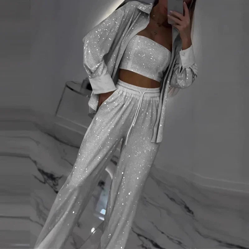 Sexy Sequins Shiny Three Piece Set Womens Strapless