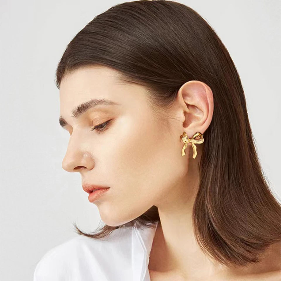 Gold Ribbon Bow Knot Earrings