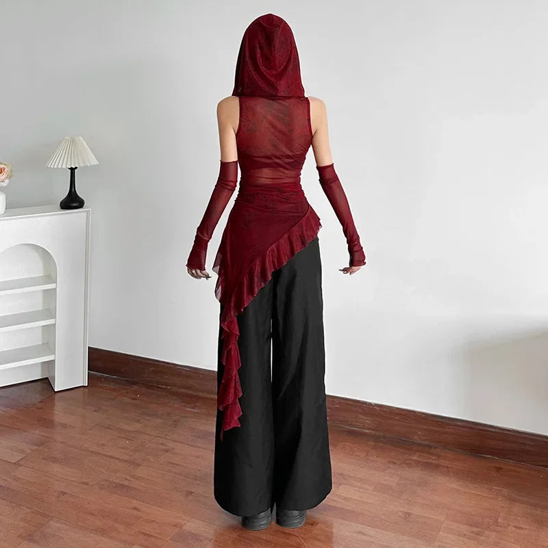 Streetwear 90s Grunge Mesh See Through Hooded Tops Cyber Y2K Irregular Hem Ruffles Hoodie Women Slim Blouse with Cuffs