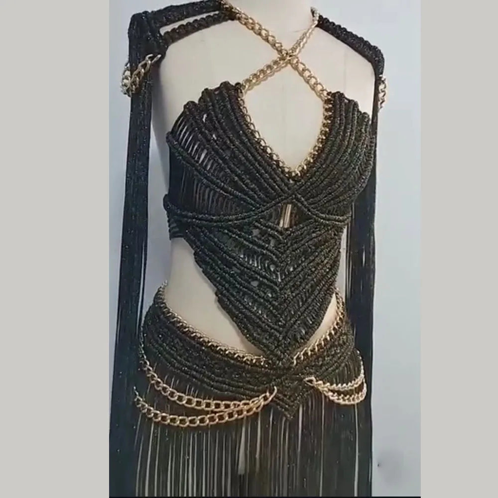Beachapche  Women's Turtleneck Long Tassel Sexy Macrame Design
