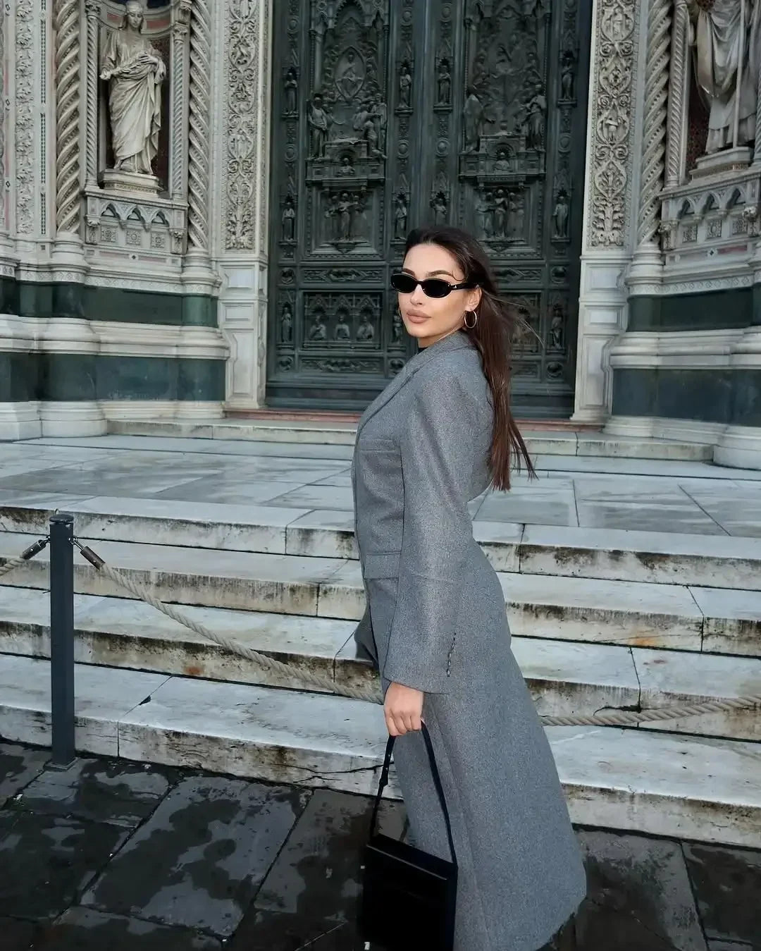 Solid Waist Cinching Woolen Blend Overcoat Women Fashion