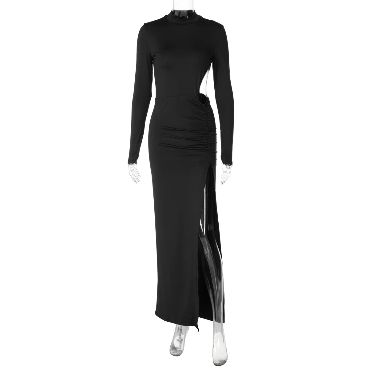 BKLD New Fashion Women Sexy Cut Out High Split Party Dress Long Sleeve Half High Collar Autumn Maxi Dress Slim Evening Partywear