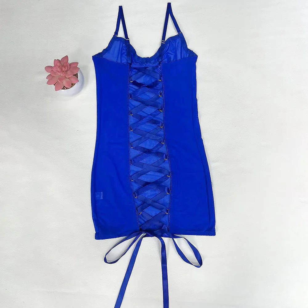 Sexy Cutout Tie Backless Dress Sheer Lace Erotic See Through Lingerie Transparent Porn Night Dresses Lace Up Babydoll Clothes