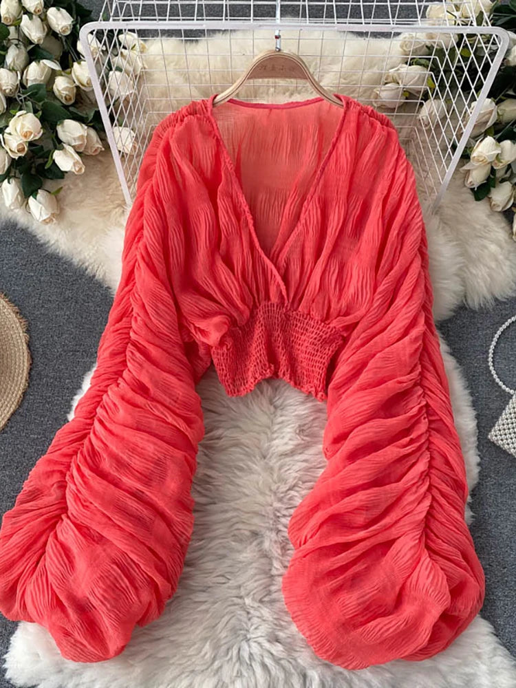 Summer Sexy Draped Chiffon Blouse For Women Elegant V-Neck