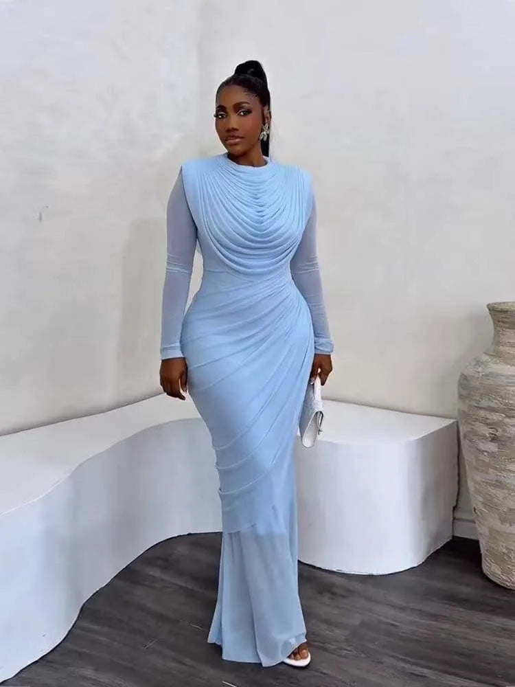 Chic and Elegant Women's Evening Dress Mesh Draped Collar Long Sleeve Bodycon