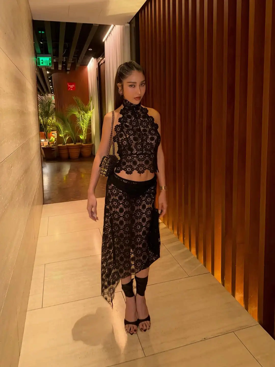 Black Lace Sleeveless 2 Piece Set High Neck Halter Cutout Crop Top