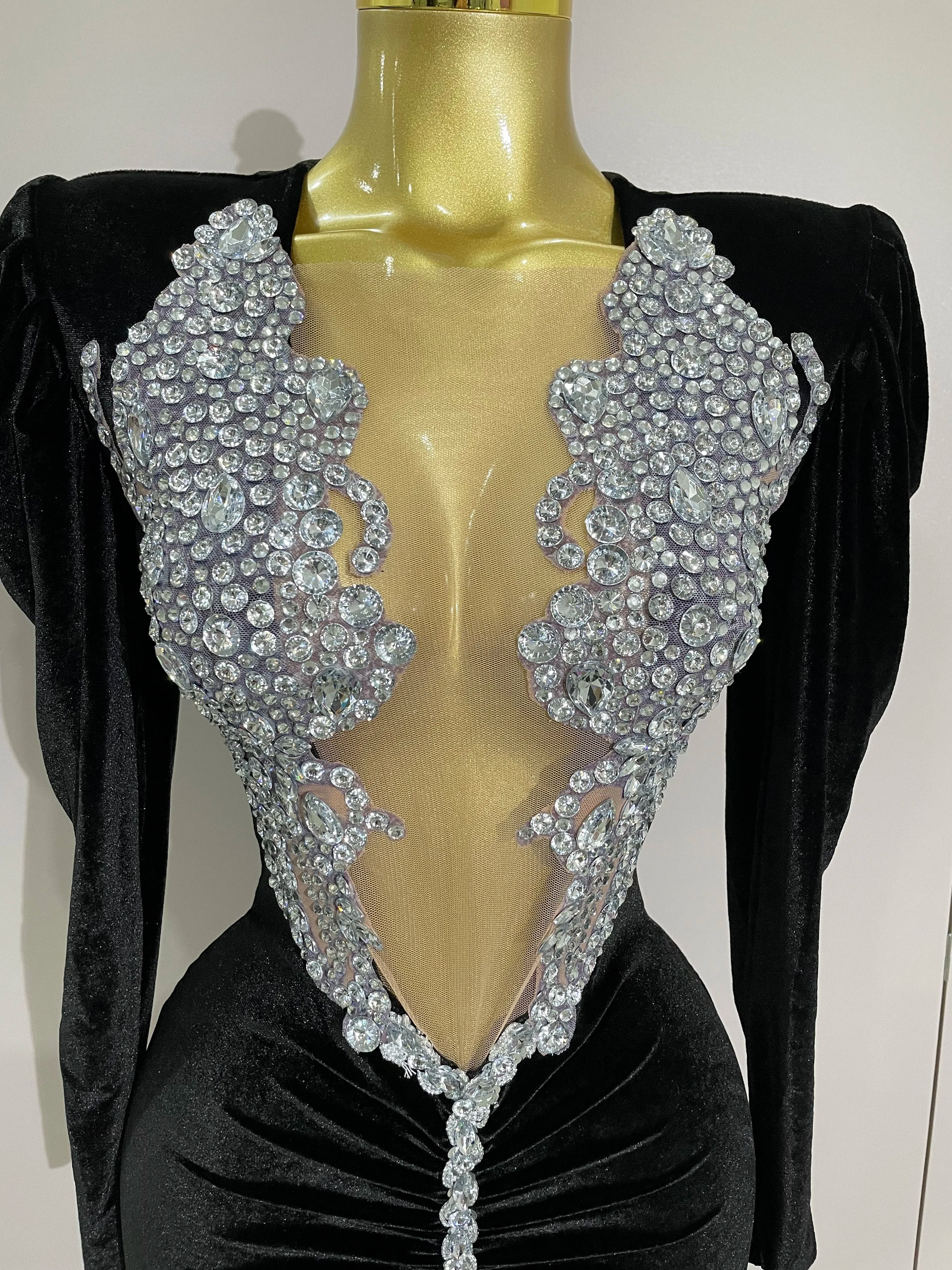 Sparkly Crystals Sexy Mesh Black Velvet Short Dress 2025 Women Elegant Evening Prom Luxury Birthday Party Dresses Stage Costume