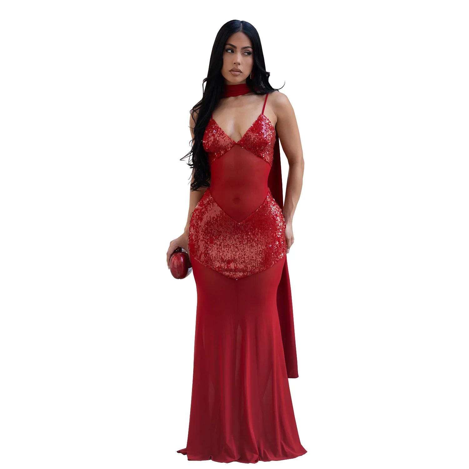 CM.YAYA Women Sleeveless Strap V-neck Mesh Sequin Long Maxi Dress