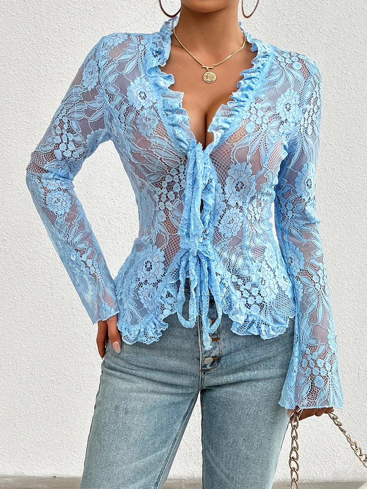 Spring Summer Sexy Slim Fit Long Sleeved Women Lace