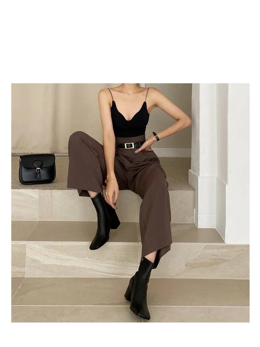 Chic Retro Lapel ort One Button Suit Jaet High Waist Wide Leg Pants