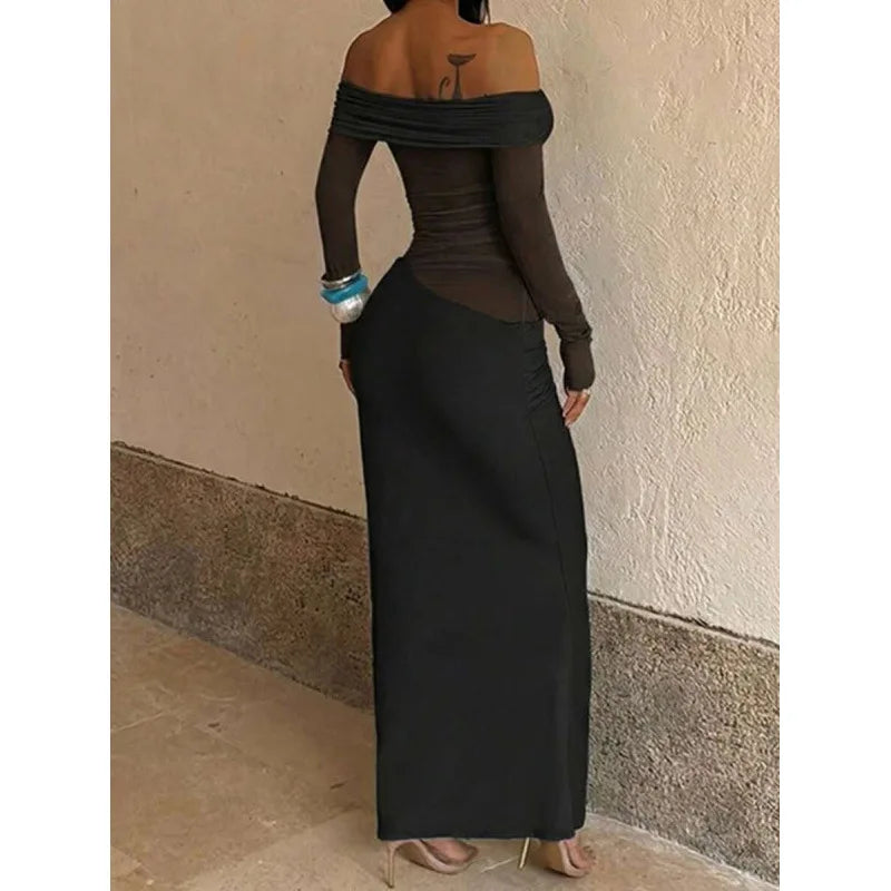 Sheer Maxi Dress U 42810 Mesh Patchwork Strapless Gown