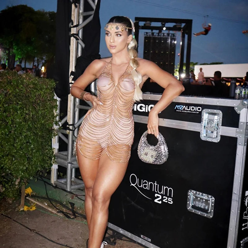 Sexy Club Sundress Handmade See Through Metal Body Chain