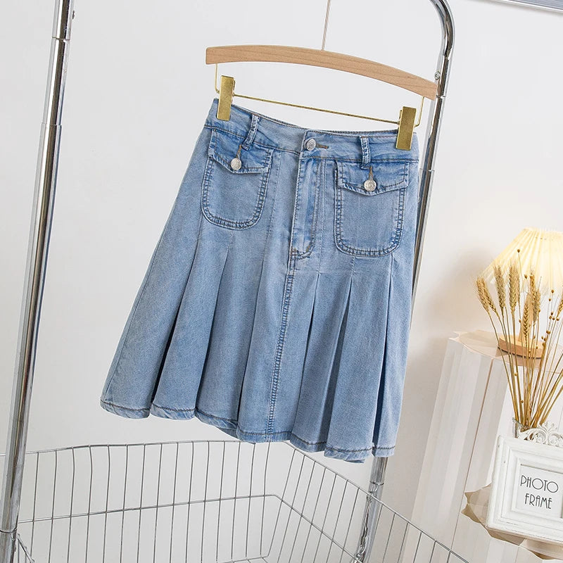 Plus Size Denim A-Line Pleated Skirt