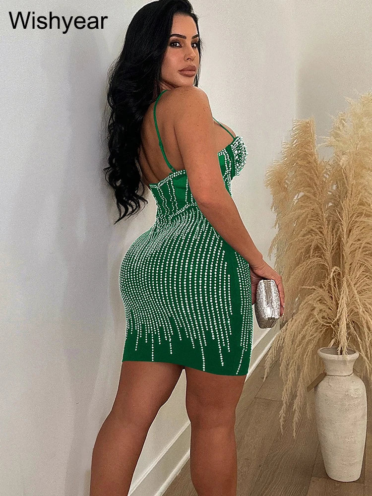 Elegant Evening Birthday Party Dresses for Women Halter Neck Mesh Patchwork Diamonds Rhinestones Prom Club Bodycon Midi Vestidos