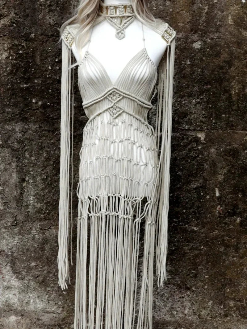 Women Retro Hand Crochet Knitted Vacation Beach 2 Piece Set Long Tassel Cape + Hollow Out Camisole Maxi Dress Bikini Cover Ups