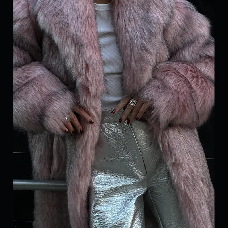 Retro Lapel Rose Red Faux Fur Coats Women