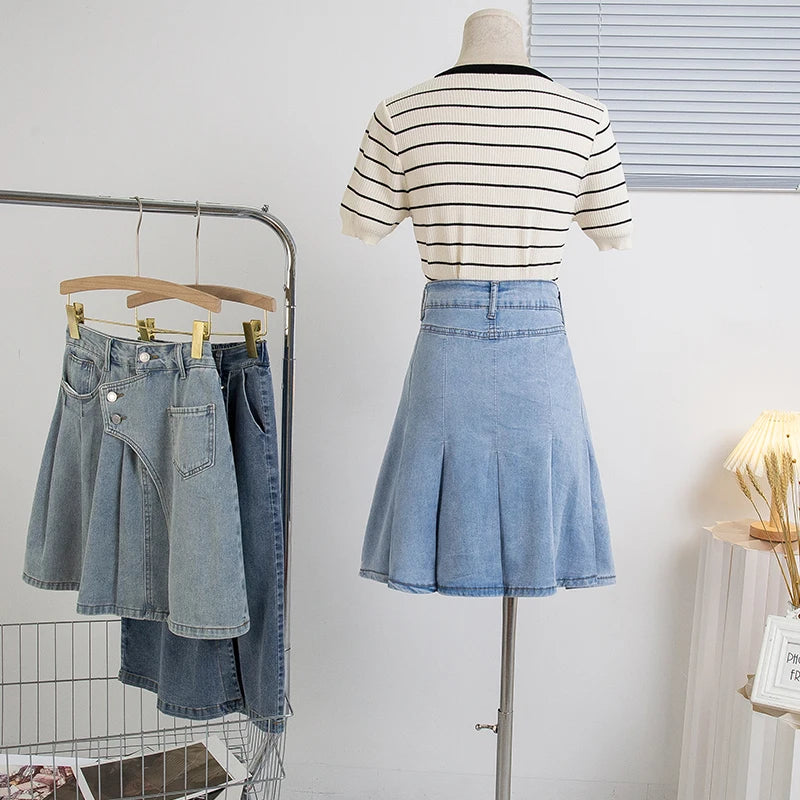 Plus Size Denim A-Line Pleated Skirt