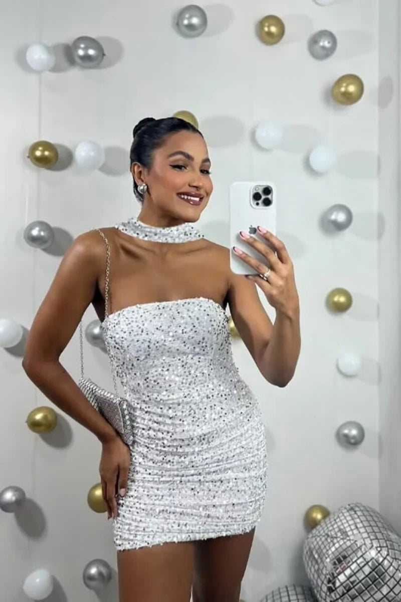 Short Homecoming Dresses for Teens Strapless Sparkle Sequin Evening Gown Tight Mermaid