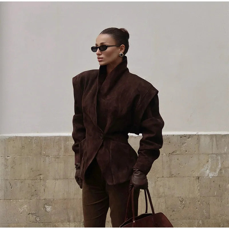 Brown Single Breasted Suede Jacket Women's Fashion