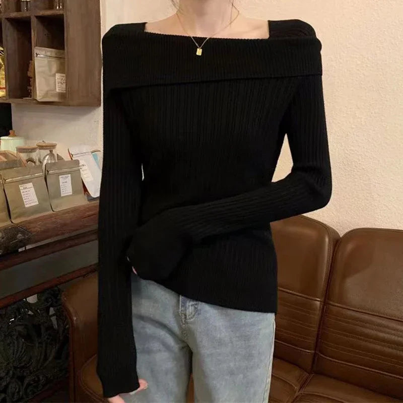Solid Slim Off-Shoulder Knit Sweater for Women