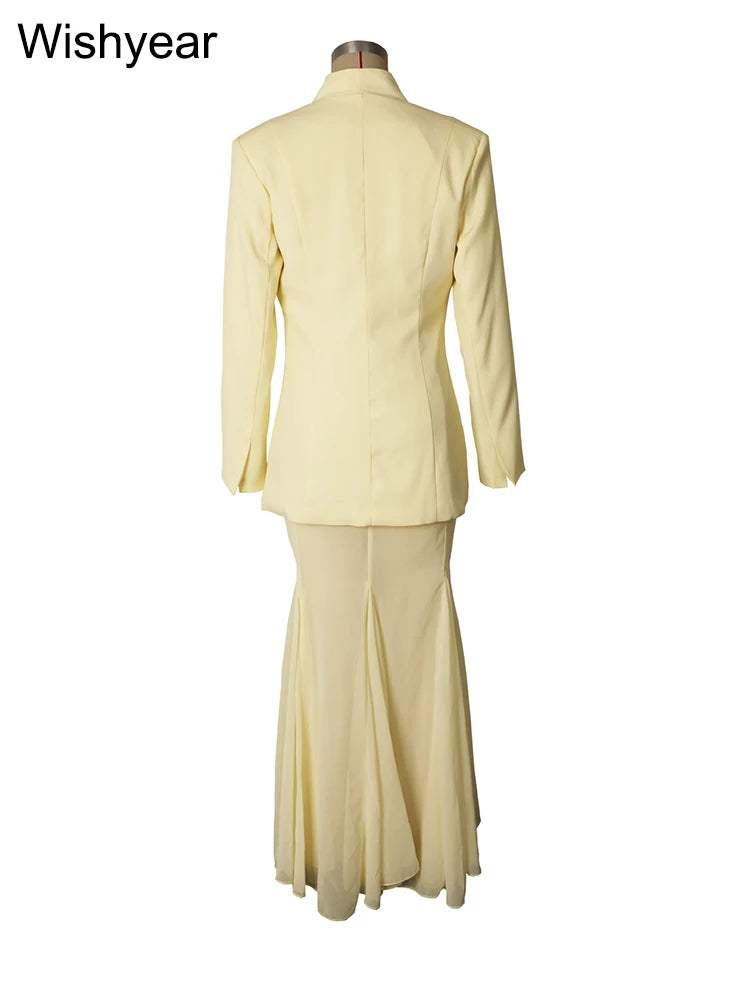Elegant 2-Piece Office Dress Set for Women Apricot Blazer Coat Mesh Long Skirt Outfit Fashion Birthday Evening Party Guest Wear