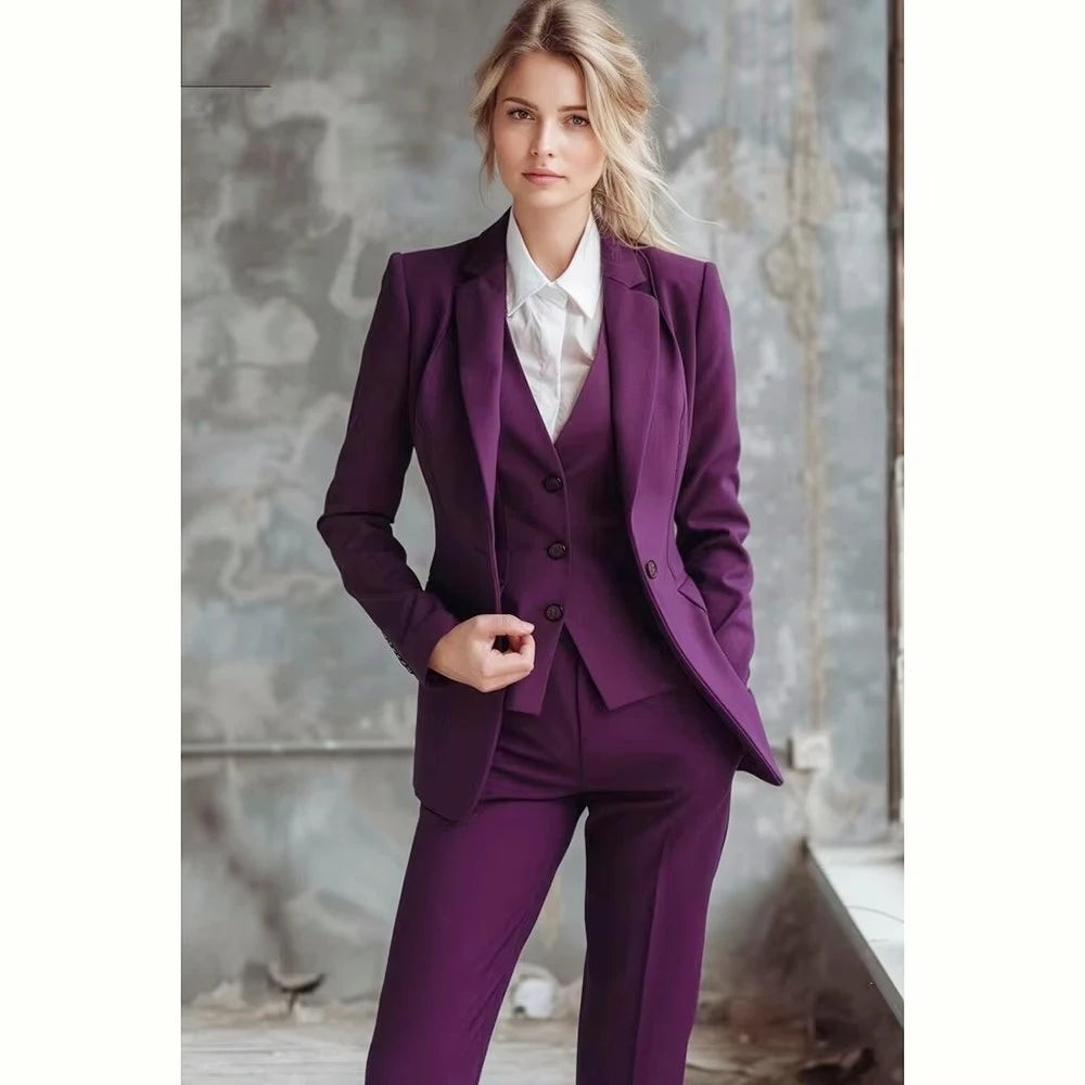New Ladies Suit Women 3 Piece Purple Formal Jacket Vest Trouser Female Business Work Wear Set Notch Lapel One Button Blazer Set