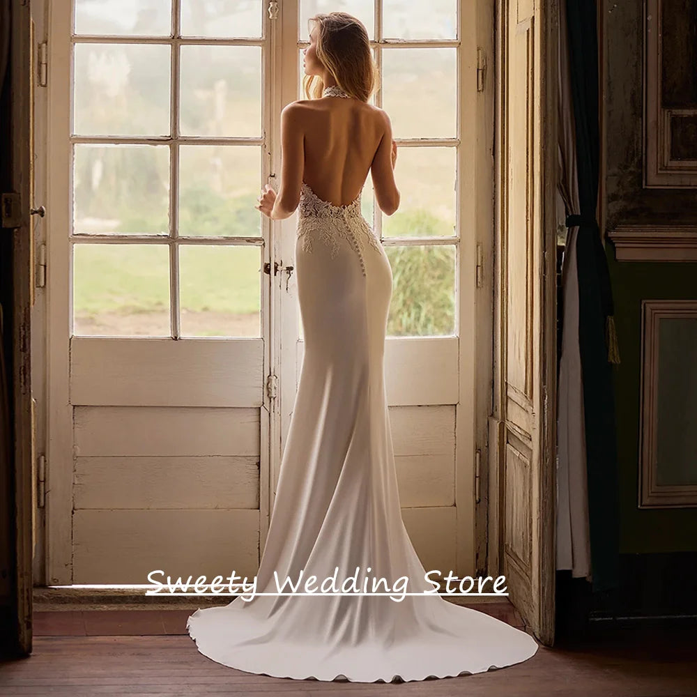Sexy Mermaid Wedding Dress Backless Customized Halter Sleeveless See Through Lace