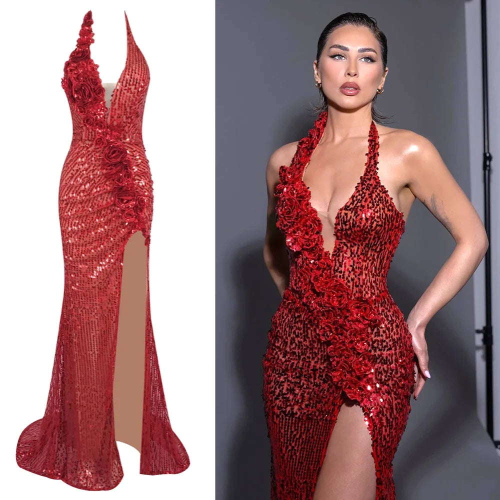 Glamorous Red Sequin Evening Dress with High Slit and Floral Detailing Sexy Party Cocktail Long Dress Sexy Women Vestidos