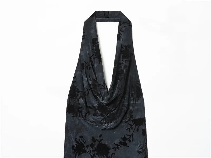 Women's Dress 2025 Autumn New Style Dark Gray Halter Neck Velour Sexy Patterned Dress Elegant and Graceful
