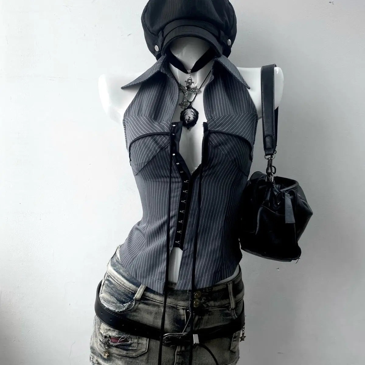 Vintage T-shirt Streetwear 90s Slim Sexy Goth Y2k Clothes Aesthetic Harajuku High Street Stripe Laceup Summer Fashion Grunge Tee