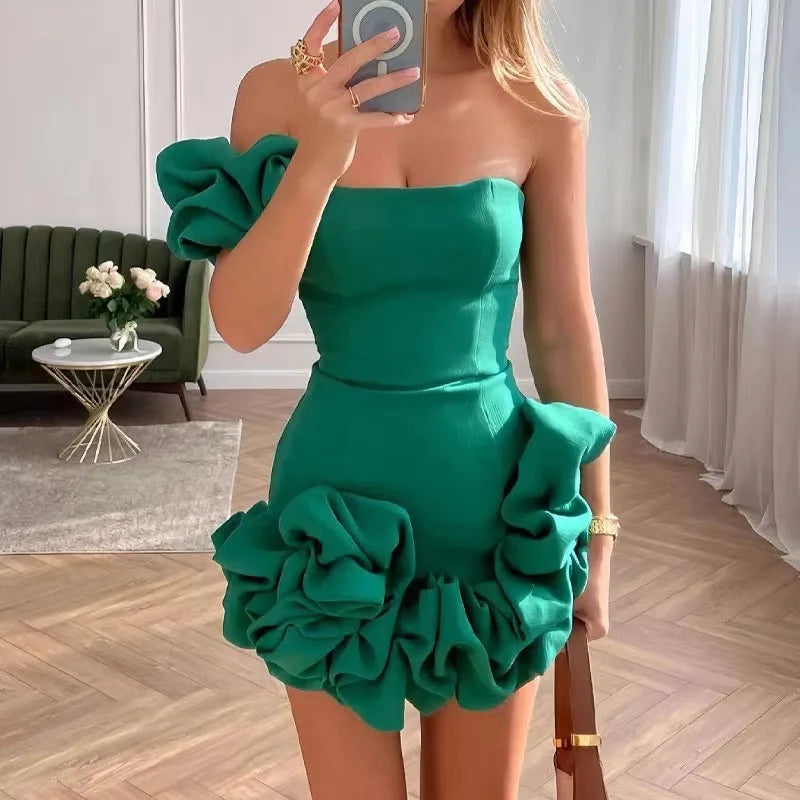 Spring Evening Dress Women White Solid Bandage Ruffles