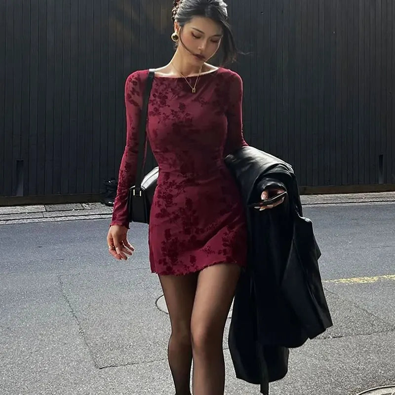 Wine Red Sexy Dresses Women Autumn New O-Neck Streetwear Fashion Print Long Sleeves Dresses Lady Knitted Pullover Clothing Dress