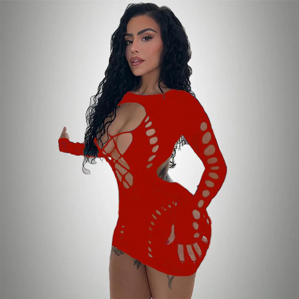 Sexi Women Fishnet Night Dress Hot Bodycon Clubwear Vestido Sexy Catsuit Erotic Transparent Midi Dresses mujer porno Plus Size