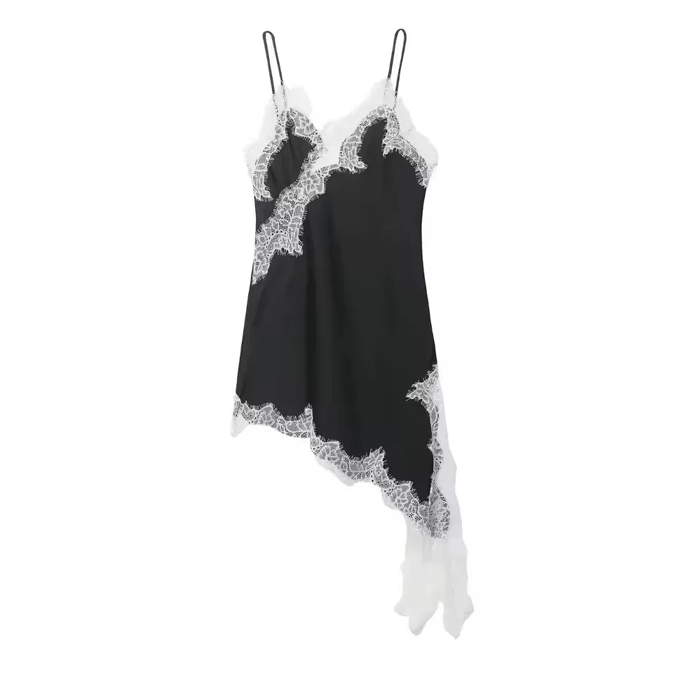 Women Lace Satin Dress Asymmetrical Lace Hem Spaghetti Strap
