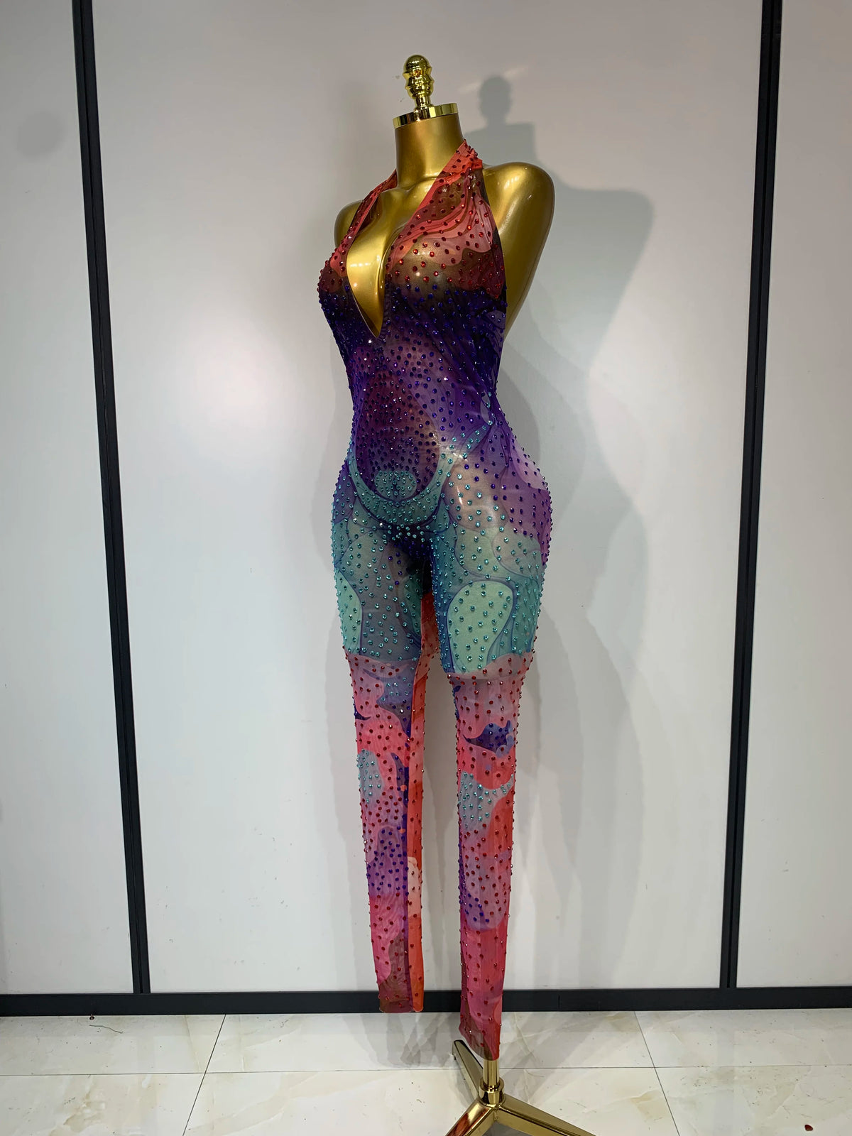 Colorful Rhinestones Mesh Bodycon Jumpsuit Women