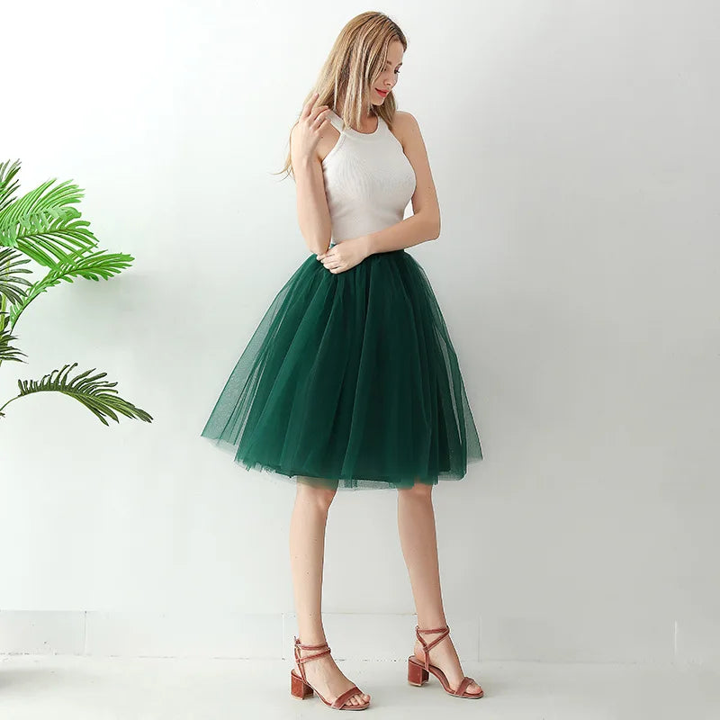 5-Layer Black Pleated Tulle Midi Skirt