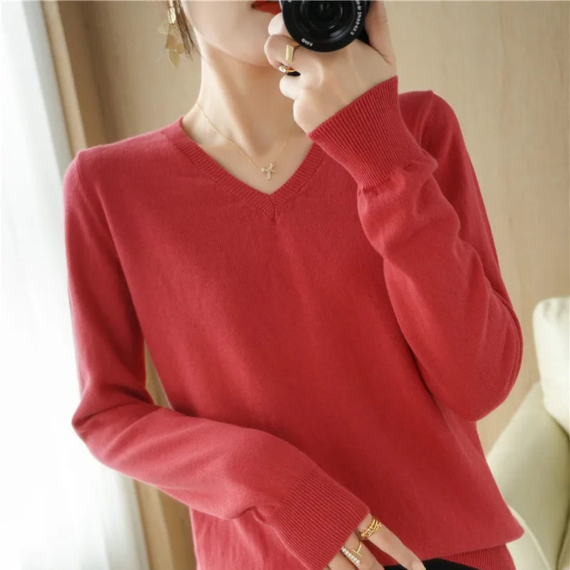 Peach V-Neck Knitted Sweater for Women